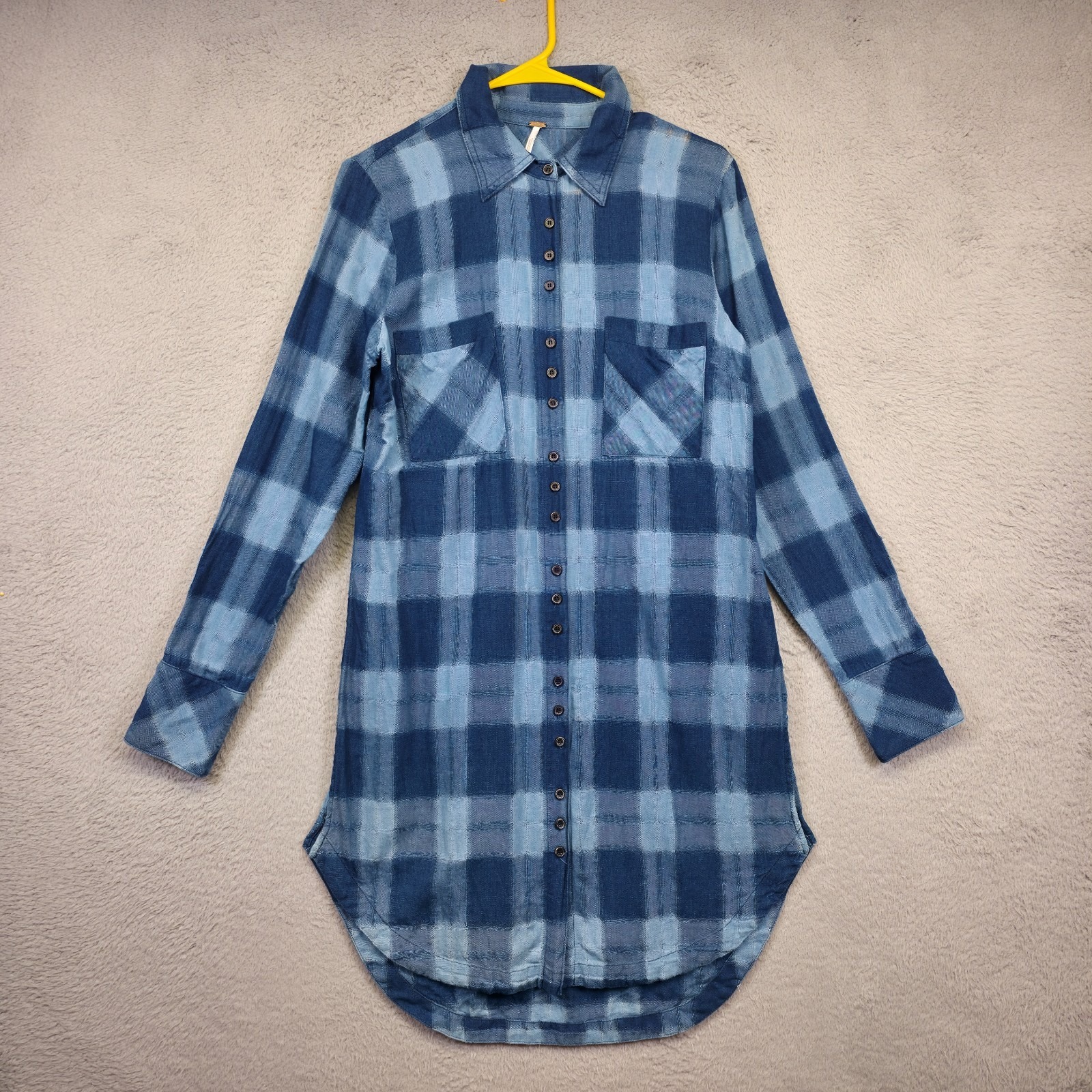 Free People Top Womens S Blue Button Up Blue Plaid Relaxed Boho Tunic Shirt